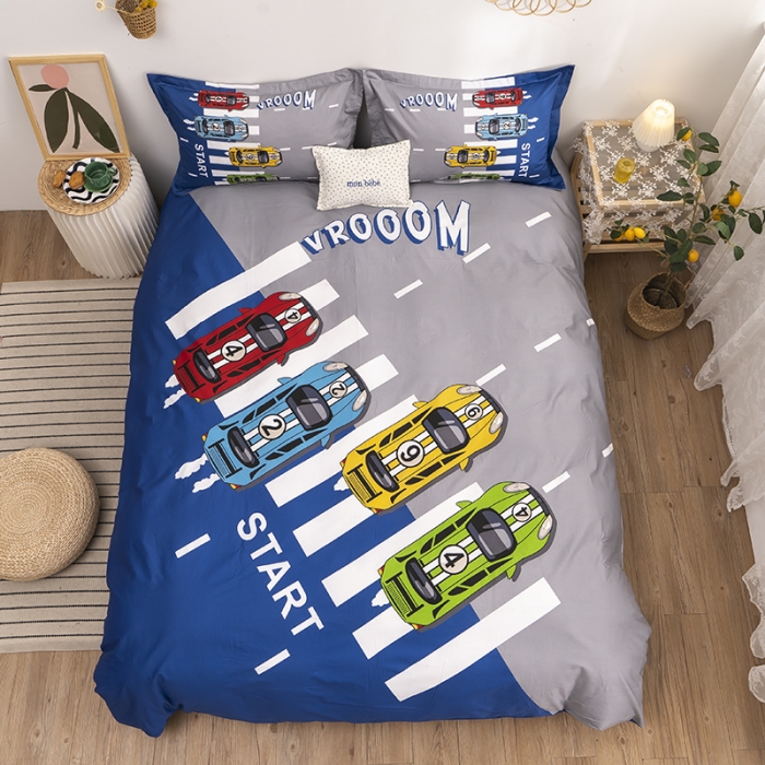 91家纺网 家纺一手货源 找家纺 金爱家 2021新款13372卡通全棉四件套 疯狂赛车