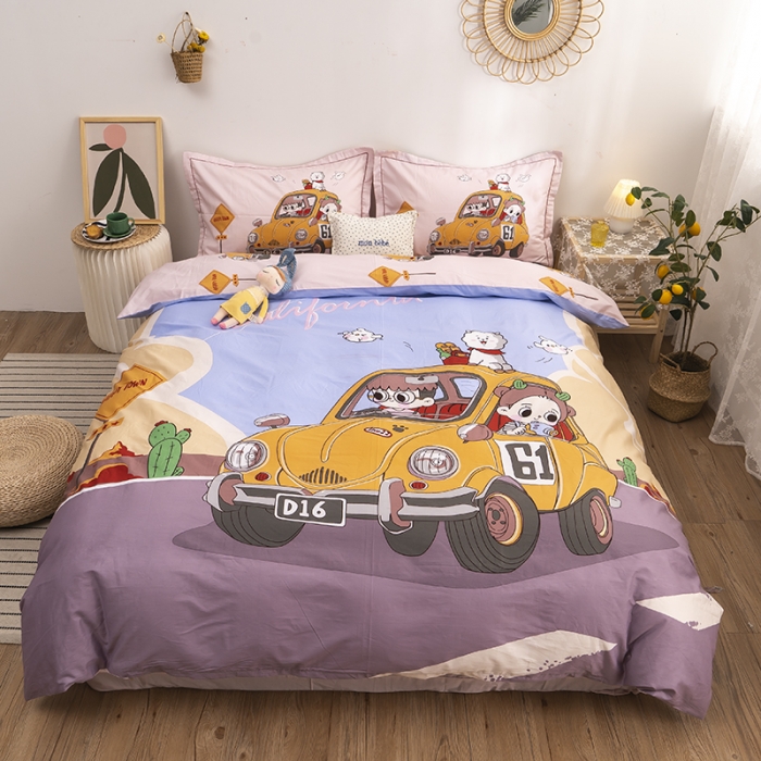 91家纺网 家纺一手货源 找家纺 金爱家 2021新款13372卡通全棉四件套 郊游