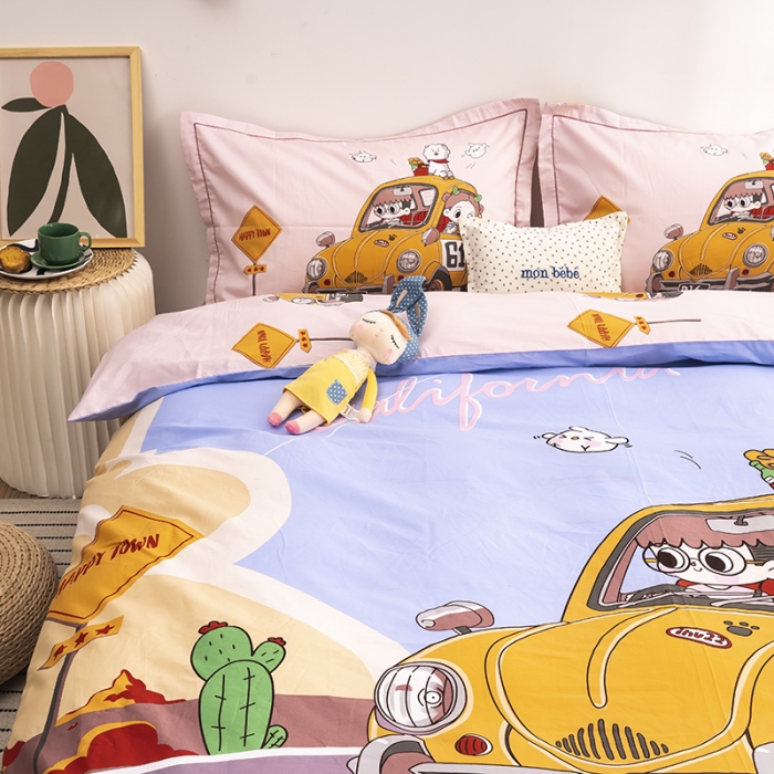 91家纺网 家纺一手货源 找家纺 金爱家 2021新款13372卡通全棉四件套 郊游