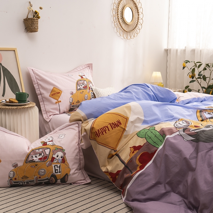 91家纺网 家纺一手货源 找家纺 金爱家 2021新款13372卡通全棉四件套 郊游