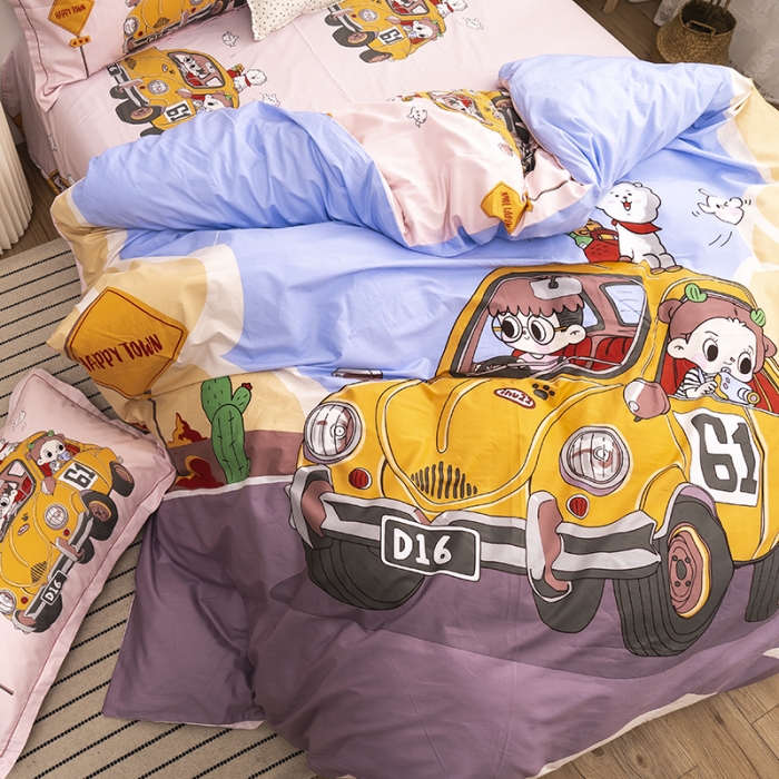 91家纺网 家纺一手货源 找家纺 金爱家 2021新款13372卡通全棉四件套 郊游