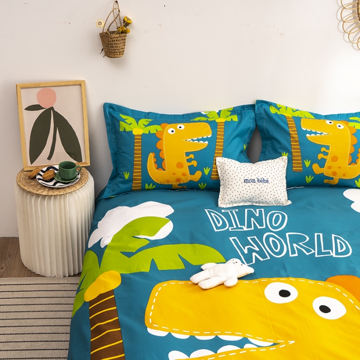 91家纺网 家纺一手货源 找家纺 金爱家 2021新款13372卡通全棉四件套 恐龙世界