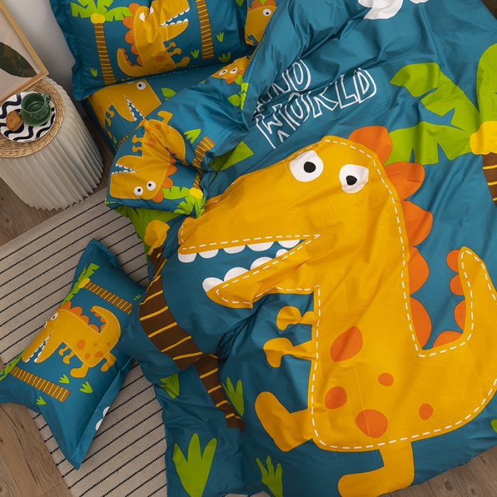 91家纺网 家纺一手货源 找家纺 金爱家 2021新款13372卡通全棉四件套 恐龙世界