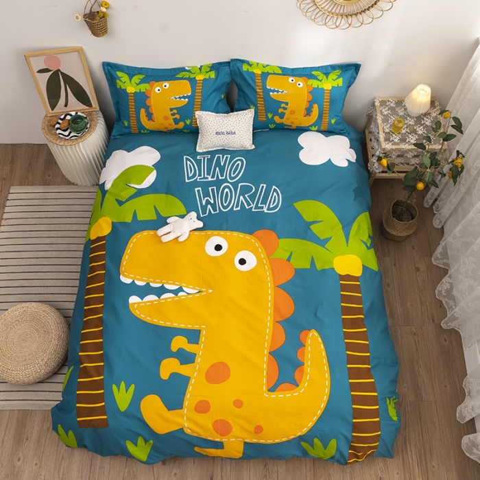 91家纺网 家纺一手货源 找家纺 金爱家 2021新款13372卡通全棉四件套 恐龙世界