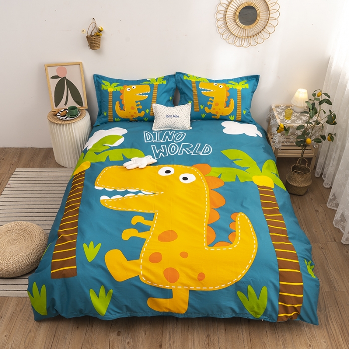 91家纺网 家纺一手货源 找家纺 金爱家 2021新款13372卡通全棉四件套 恐龙世界