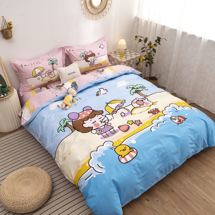 91家纺网 家纺一手货源 找家纺 金爱家 2021新款13372卡通全棉四件套 阳光沙滩