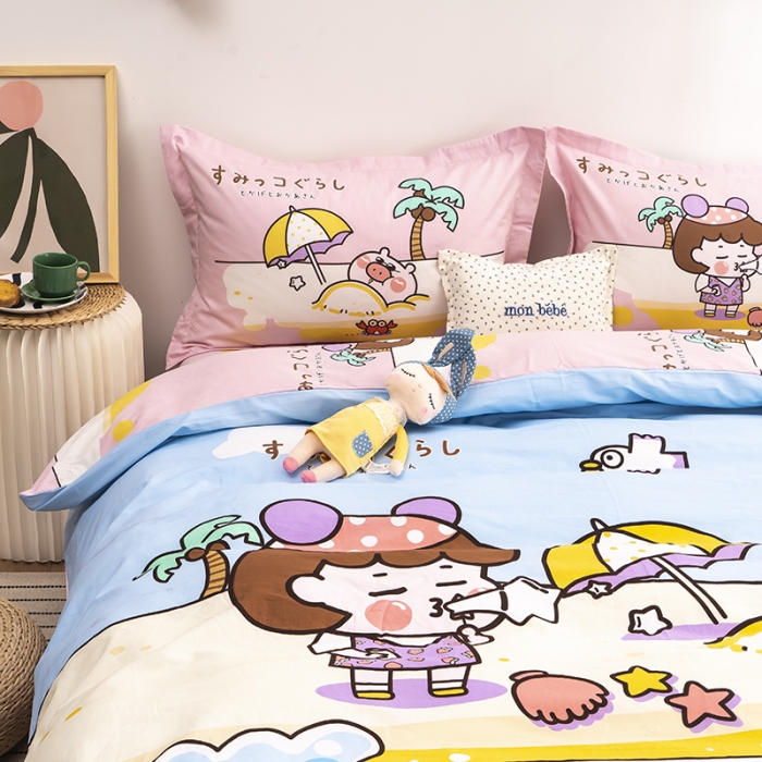 91家纺网 家纺一手货源 找家纺 金爱家 2021新款13372卡通全棉四件套 阳光沙滩