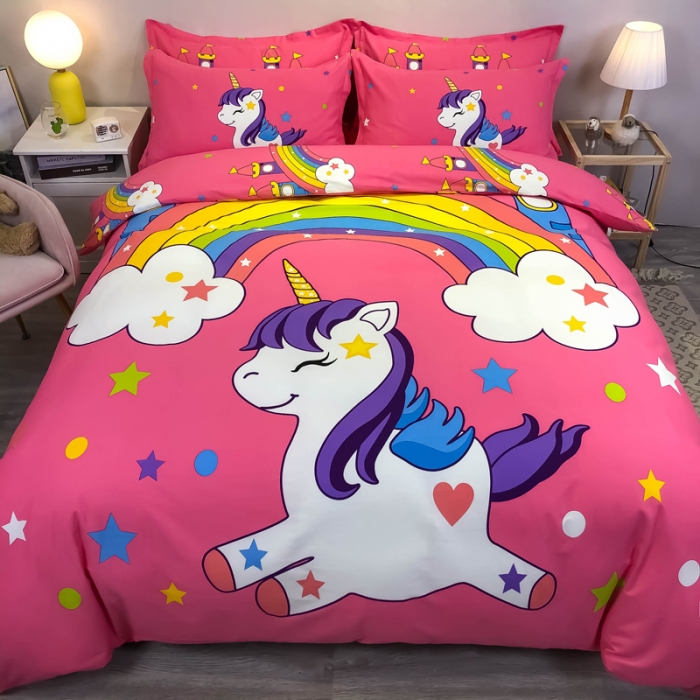 91家纺网 家纺一手货源 找家纺 金爱家 2021新款13372大版全棉卡通四件套彩虹小马