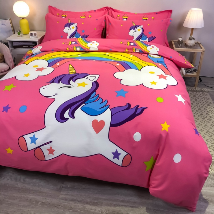 91家纺网 家纺一手货源 找家纺 金爱家 2021新款13372大版全棉卡通四件套彩虹小马