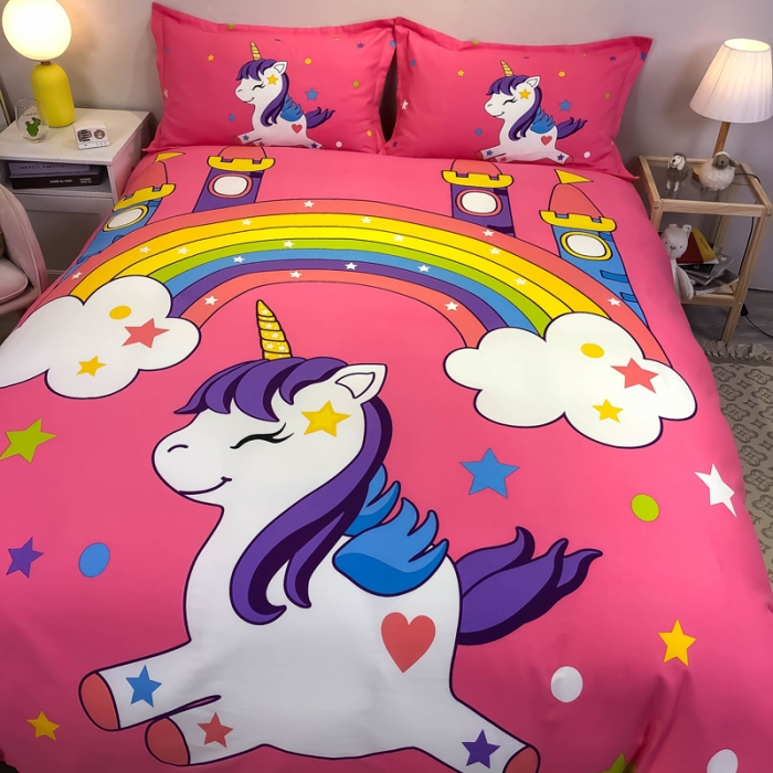 91家纺网 家纺一手货源 找家纺 金爱家 2021新款13372大版全棉卡通四件套彩虹小马