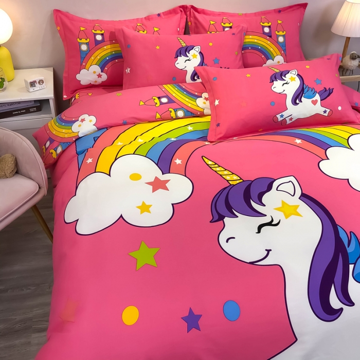 91家纺网 家纺一手货源 找家纺 金爱家 2021新款13372大版全棉卡通四件套彩虹小马