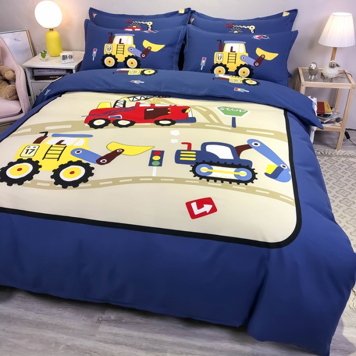 91家纺网 家纺一手货源 找家纺 金爱家 2021新款13372大版全棉卡通四件套工程车