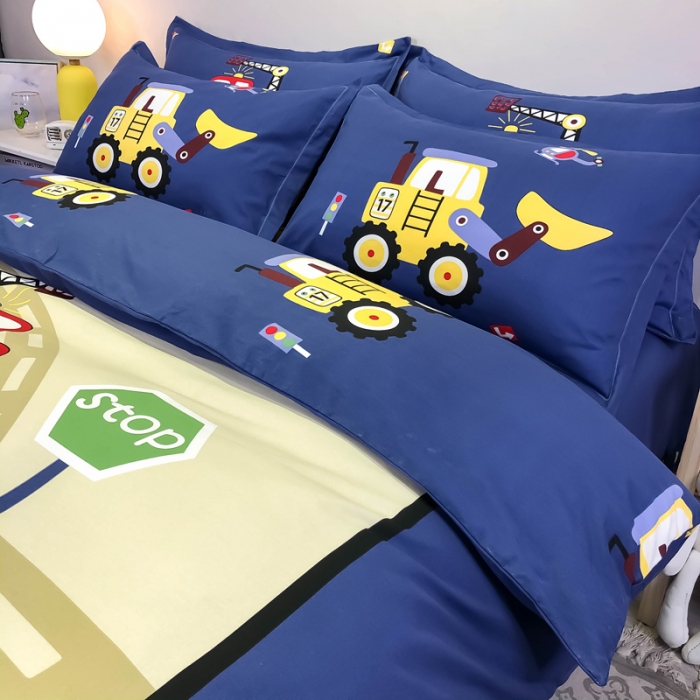 91家纺网 家纺一手货源 找家纺 金爱家 2021新款13372大版全棉卡通四件套工程车