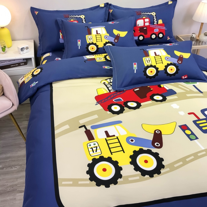 91家纺网 家纺一手货源 找家纺 金爱家 2021新款13372大版全棉卡通四件套工程车