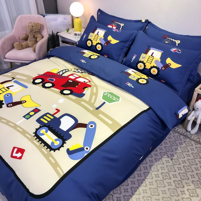 91家纺网 家纺一手货源 找家纺 金爱家 2021新款13372大版全棉卡通四件套工程车