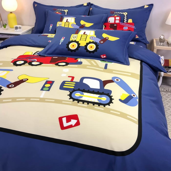 91家纺网 家纺一手货源 找家纺 金爱家 2021新款13372大版全棉卡通四件套工程车