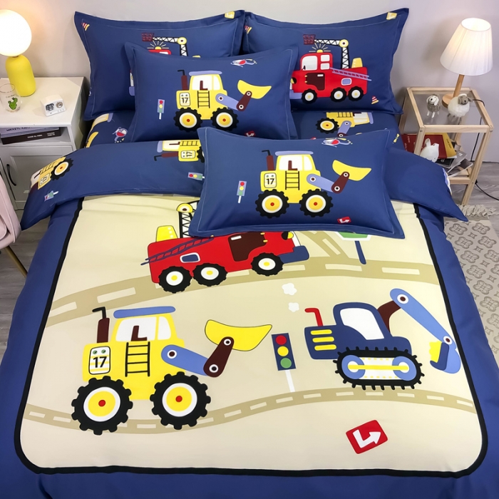 91家纺网 家纺一手货源 找家纺 金爱家 2021新款13372大版全棉卡通四件套工程车