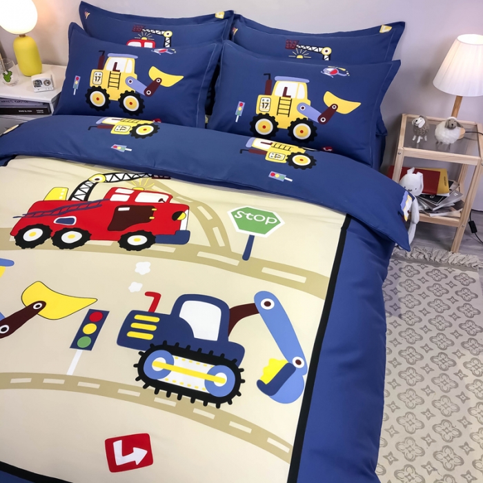 91家纺网 家纺一手货源 找家纺 金爱家 2021新款13372大版全棉卡通四件套工程车