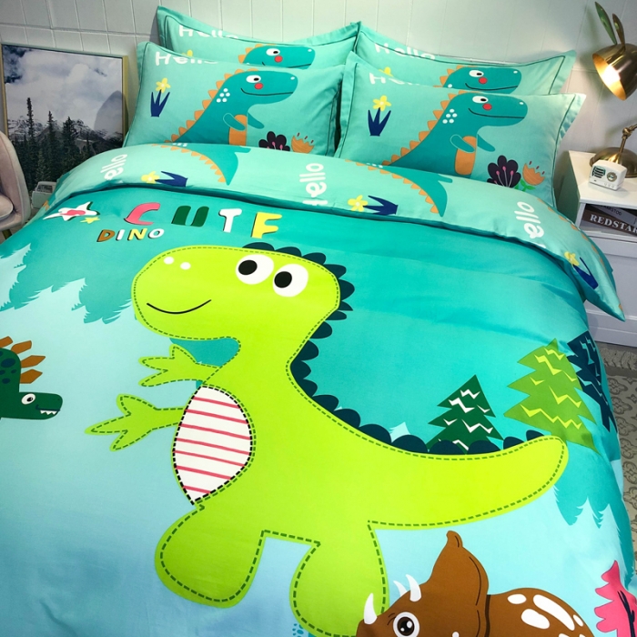 91家纺网 家纺一手货源 找家纺 金爱家 2021新款13372大版全棉卡通四件套恐龙绿