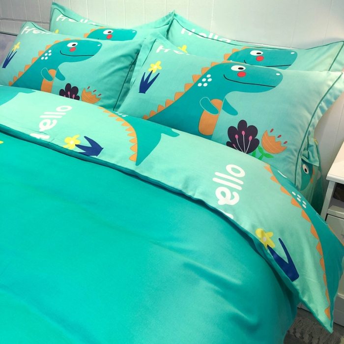 91家纺网 家纺一手货源 找家纺 金爱家 2021新款13372大版全棉卡通四件套恐龙绿