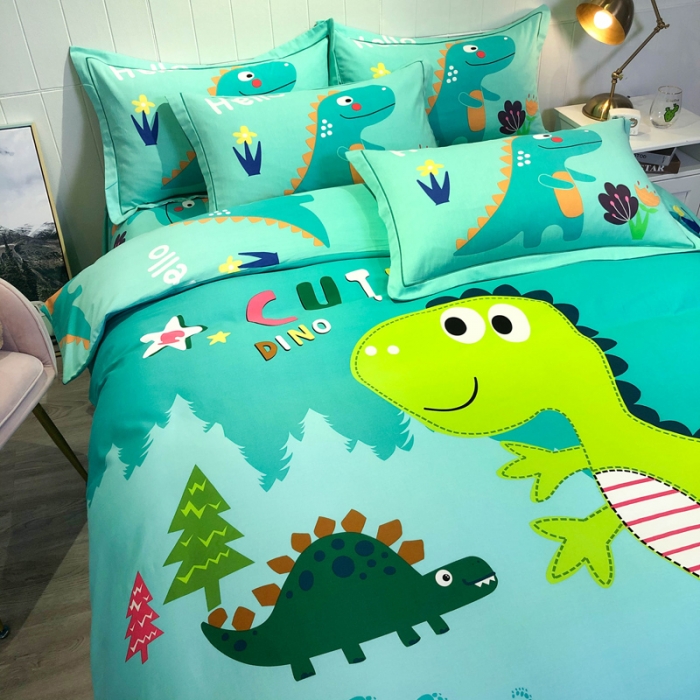 91家纺网 家纺一手货源 找家纺 金爱家 2021新款13372大版全棉卡通四件套恐龙绿