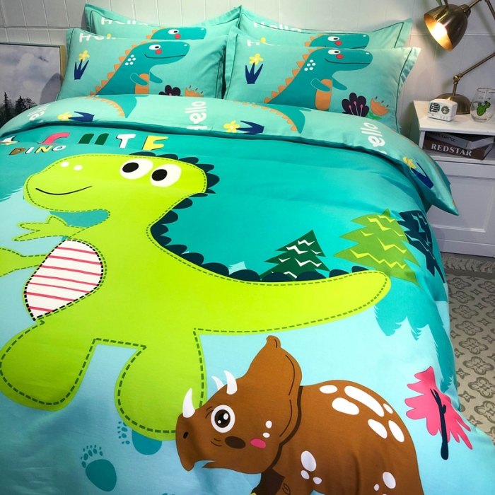 91家纺网 家纺一手货源 找家纺 金爱家 2021新款13372大版全棉卡通四件套恐龙绿