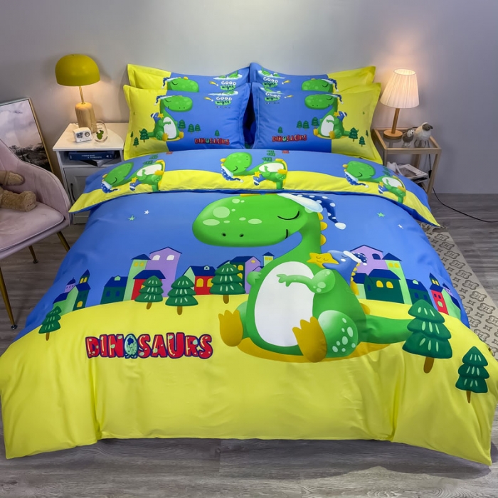 91家纺网 家纺一手货源 找家纺 金爱家 2021新款13372大版全棉卡通四件套晚安恐龙