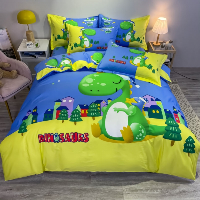 91家纺网 家纺一手货源 找家纺 金爱家 2021新款13372大版全棉卡通四件套晚安恐龙