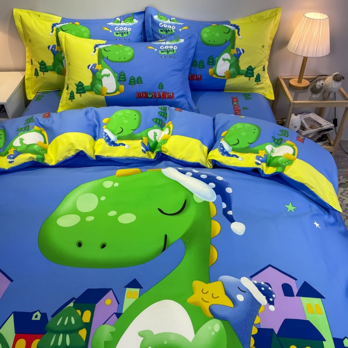 91家纺网 家纺一手货源 找家纺 金爱家 2021新款13372大版全棉卡通四件套晚安恐龙