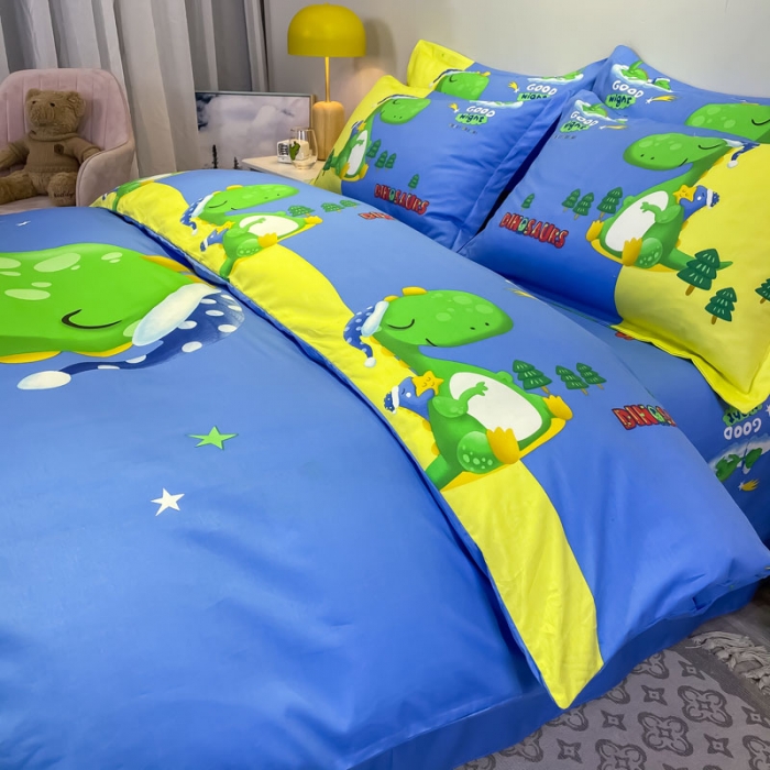 91家纺网 家纺一手货源 找家纺 金爱家 2021新款13372大版全棉卡通四件套晚安恐龙