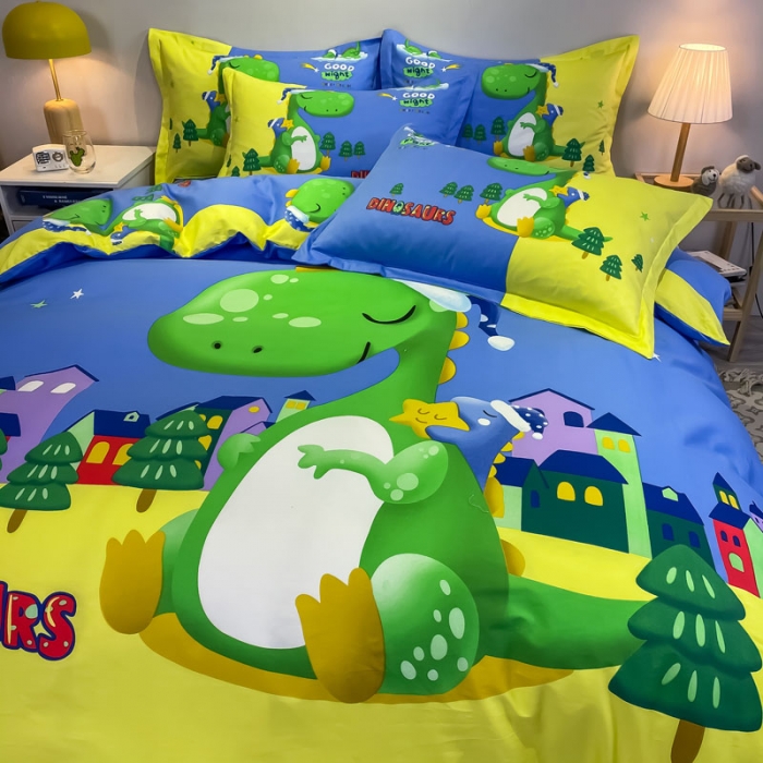 91家纺网 家纺一手货源 找家纺 金爱家 2021新款13372大版全棉卡通四件套晚安恐龙