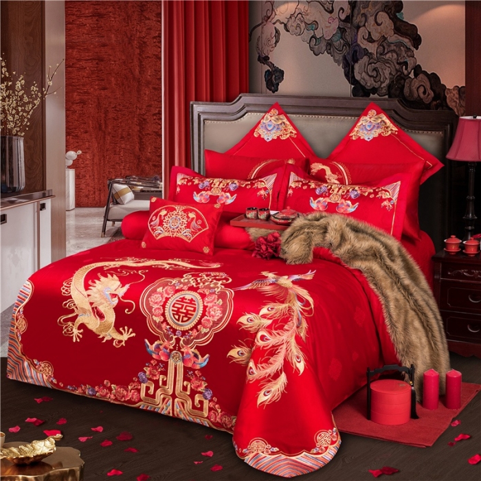 91家纺网 家纺一手货源 找家纺 2025新120S全棉刺绣贡缎提花婚庆四件套多件套和和美美