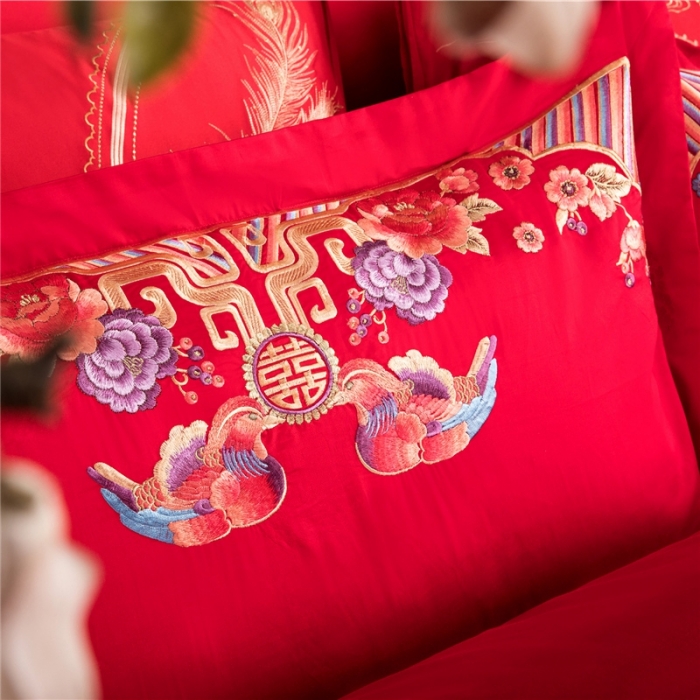 91家纺网 家纺一手货源 找家纺 2025新120S全棉刺绣贡缎提花婚庆四件套多件套和和美美