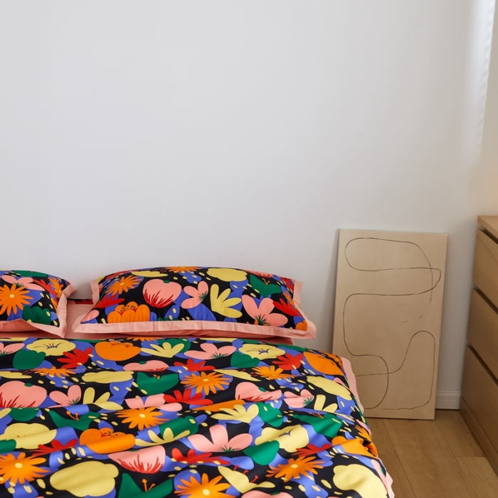 91家纺网 家纺一手货源 找家纺 优然居 2021新款小边款小美风格四件套 花蕊黑