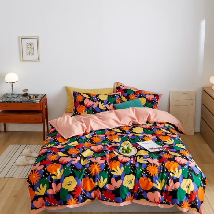 91家纺网 家纺一手货源 找家纺 优然居 2021新款小边款小美风格四件套 花蕊黑