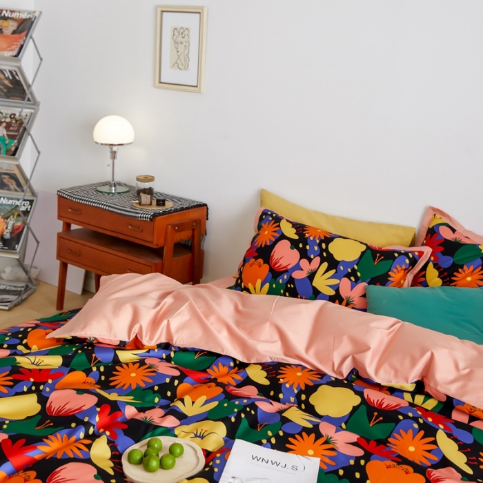 91家纺网 家纺一手货源 找家纺 优然居 2021新款小边款小美风格四件套 花蕊黑