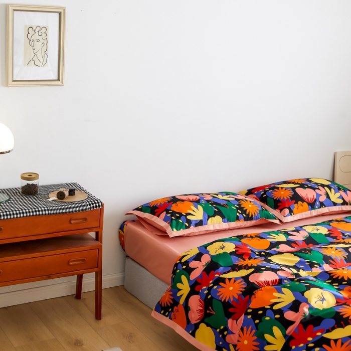 91家纺网 家纺一手货源 找家纺 优然居 2021新款小边款小美风格四件套 花蕊黑