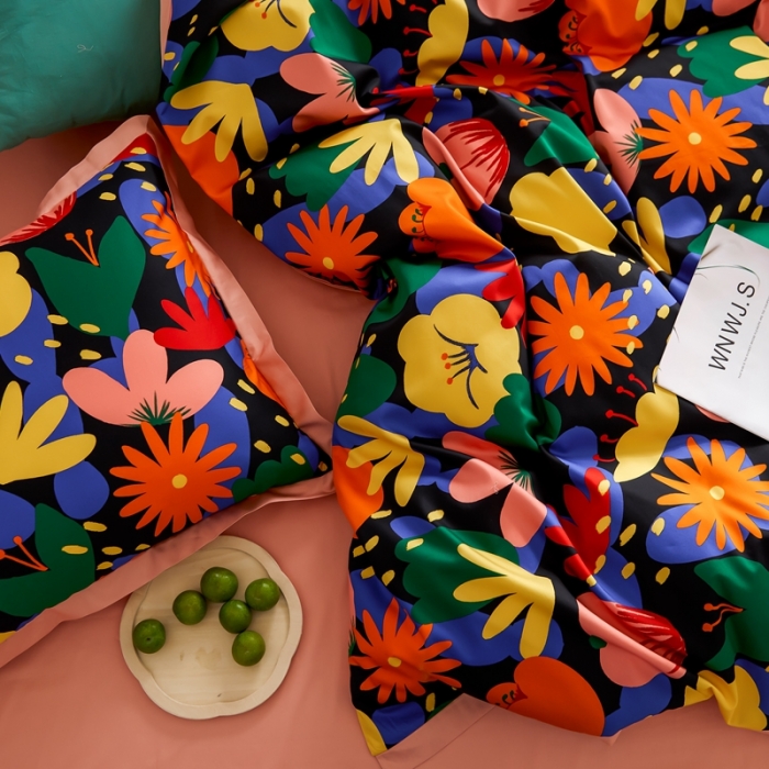 91家纺网 家纺一手货源 找家纺 优然居 2021新款小边款小美风格四件套 花蕊黑