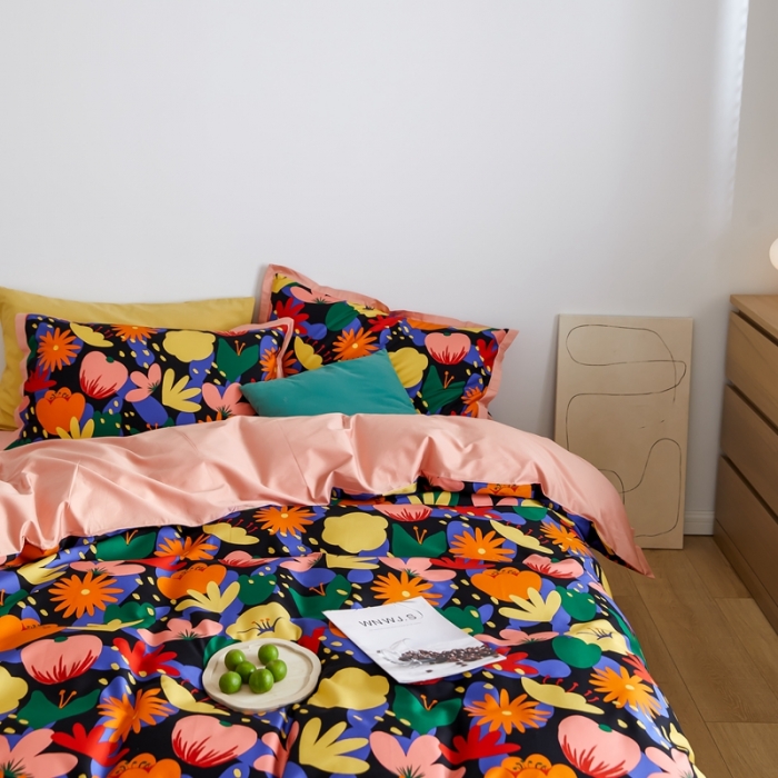 91家纺网 家纺一手货源 找家纺 优然居 2021新款小边款小美风格四件套 花蕊黑