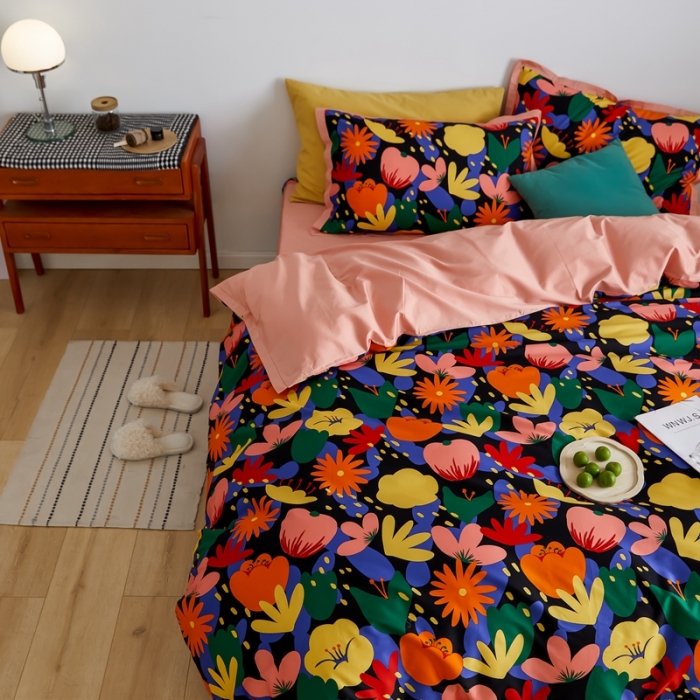 91家纺网 家纺一手货源 找家纺 优然居 2021新款小边款小美风格四件套 花蕊黑