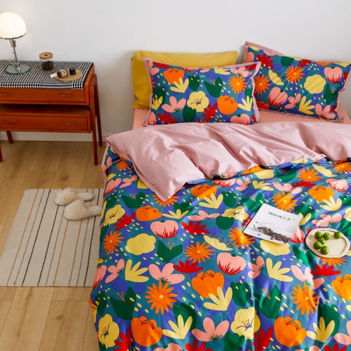 91家纺网 家纺一手货源 找家纺 优然居 2021新款小边款小美风格四件套 花蕊灰蓝