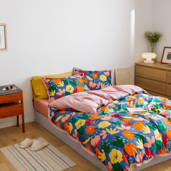 91家纺网 家纺一手货源 找家纺 优然居 2021新款小边款小美风格四件套 花蕊灰蓝