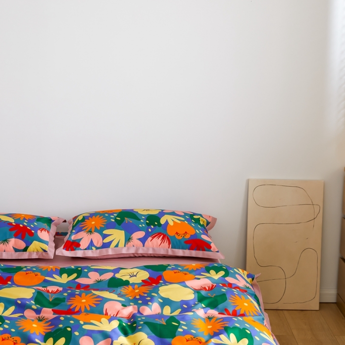 91家纺网 家纺一手货源 找家纺 优然居 2021新款小边款小美风格四件套 花蕊灰蓝