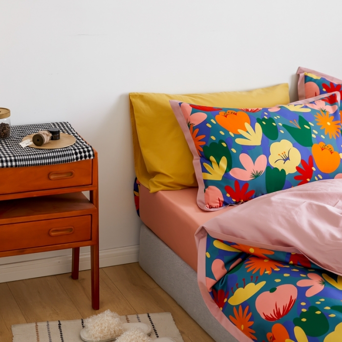 91家纺网 家纺一手货源 找家纺 优然居 2021新款小边款小美风格四件套 花蕊灰蓝