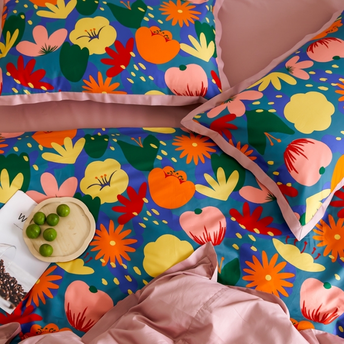 91家纺网 家纺一手货源 找家纺 优然居 2021新款小边款小美风格四件套 花蕊灰蓝