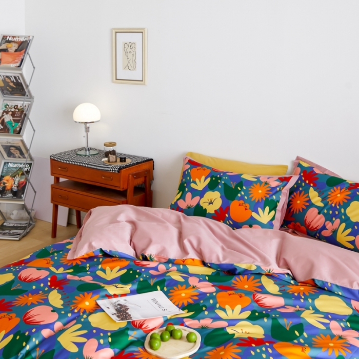 91家纺网 家纺一手货源 找家纺 优然居 2021新款小边款小美风格四件套 花蕊灰蓝