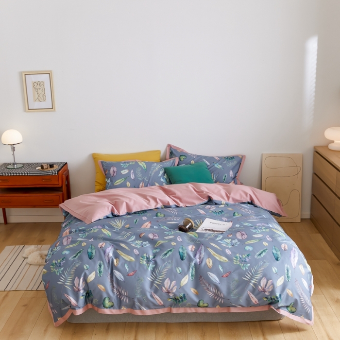 91家纺网 家纺一手货源 找家纺 优然居 2021新款小边款小美风格四件套 纽曼灰蓝