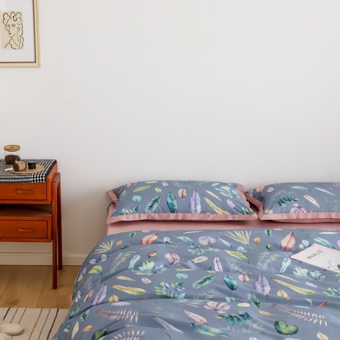 91家纺网 家纺一手货源 找家纺 优然居 2021新款小边款小美风格四件套 纽曼灰蓝