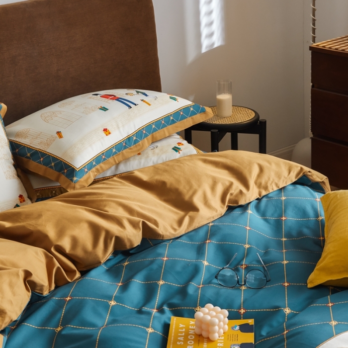 91家纺网 家纺一手货源 找家纺 优然居 2021新款小边款轻奢风四件套 多迈蓝