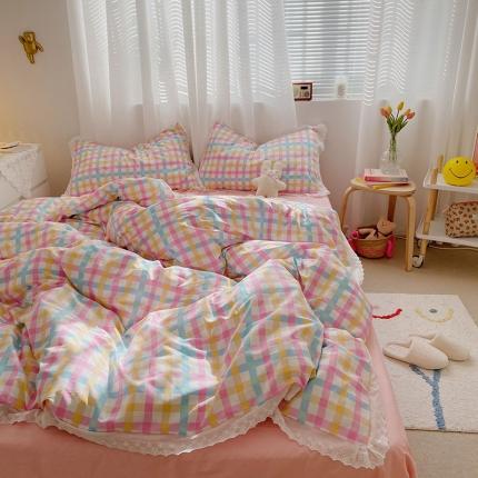 艾沁 2021新款纯棉彩色条格刺绣花边系列四件套 彩虹格